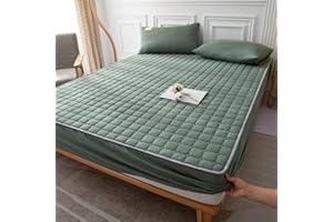YUDEYU Alles Baumwolle Gewaschener Baumwollstoff Spannbettlaken Gesteppte Verdickung Tagesdecke Matratzenschoner Topper (Farbe : Grün, Größe : 90x200cm+25cm)