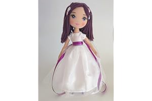Drimydolls Muñeca Comunión, Selene Vestido Blanco Lazo Morado, Muñeca de Trapo Hecha a Mano Única. Muñeca para Niñas. Regalo Boda. La muñeca más Bonita. Sostenible. Montessori. 37cm