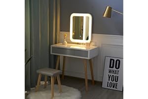 ‎YOURLITE YOURLITE Schminktisch mit LED-Beleuchtung, Spiegel, gepolsterter Hocker und Make-up-Organizer, Weiß Weiß+grau+rechteckiger Spiegel