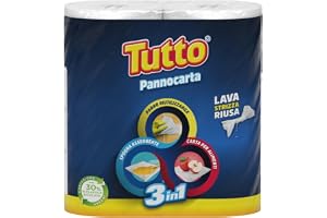 Tutto Pannocarta 3-i-1, 2 rullar multifunktionspapper, 1 lager, 48 x sprickor, extra absorberande, tvättbar och återanvändningsbar över 20 gånger, 100% tillverkad i Italien