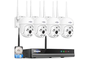 Hiseeu 5MP PTZ Kit Caméra de Surveillance WiFi, 10CH 1To HDD 5MP NVR avec 4X5MP PTZ Caméra, Vision Nocturne Couleur, Détection de Mouvement Alarme Sonore Audio 2 Voies Accès à Distance