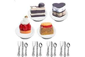 Mezrkuwr Set di 4 piatti in miniatura con torta, casa delle bambole, accessori da cucina, con mini stoviglie in porcellana, modello casa delle bambole, decorazione per giochi di ruolo