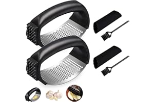 LEERMEIZI 2 Pcs Prensa de ajo, Picadora de Ajo, Picador de Ajos Manual, Prensa Ajos, Picadora de Ajos de acero inoxidable, con pelador y cepillo de limpieza, Ideal para la cocina