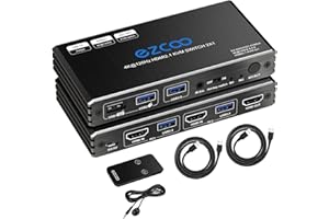 ROFAVEZCO 8K 60Hz 4K 120Hz HDMI 2.1 KVM Switch USB 3.0 2 Ports with Hotkey 48Gbps Share 2 Computers with one Keyboard Mous HDR D-olby Vision HDCP2.2 Remote Control USB3.0 Cable Included