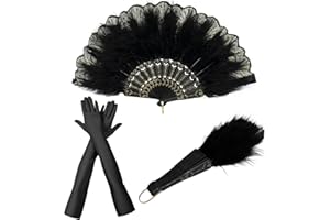 TSHAOUN Abanico de plumas, estilo vintage de los años 20, plegable, con guantes de satén negro, para fiesta de Gatsby vintage de los años 20, fiesta de boda, sesión de fotos de baile (negro)