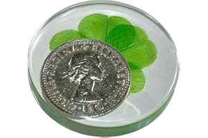 KIN-HEBI Véritable jeton de Poche Porte-Bonheur en trèfle à Quatre Feuilles, préservé, 3,2 cm, y Compris la pièce de Six Pence (Reine Elizabeth II)