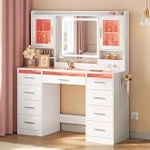 WOLTU Dressing Table with LED Mirror, Tempered Glass Countertop, RGB Lights | 9 Drawers, 2 Cabinets, Integrated Power Strip,