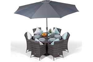 GIARDINO Savannah Rattan Dining Set | Round 6 Seater Grey Rattan Dining Set | Outdoor Poly Rattan Garden Table & Chairs Set | Patio Conservatory Wicker Garden Dining Furniture with Parasol & Cover
