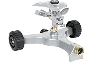 STYDDI Metallpulsierender Sprinkler auf Metall-Radbasis in der Serie, verstellbarer kreisförmiger Wassersprinkler für mittlere bis große kreisförmige Rasen, Garten, Garten und große Flächen, Abdeckung