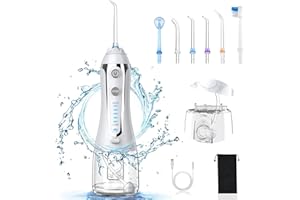 Kasakily Irrigadores Bucales Portátil, Irrigador Dental 5 Modos con 6 Boquillas,300 ML, IPX7 Impermeable, Lavado Pulsado Recargable Profesional
