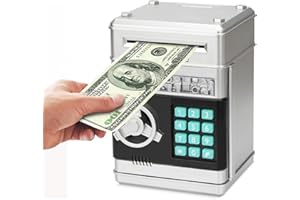 Revanom Electronic Piggy Bank, Mini ATM Password Money Bank Cash Coins Saving Box for Kids, Cartoon Safe Bank Box Perfect Toy Gifts for Boys Girls (Silvery)