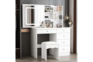 DEZAGCE Tavolo da toeletta con grande piano in vetro, grande tavolo da toeletta con illuminazione a 3 colori, specchio e sgabello, tavolo da toeletta con 5 cassetti, tavolo da toeletta con 4 ripiani, bianco