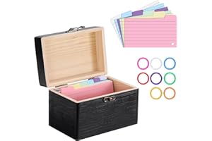 BSTKEY 1 Pc Wood 3 * 5 inch Index Card Box Storage Organizer, Home Office Recipe Card Holder Countertop Name Card Storage with 150 Notepapers & 8 Rings (Black)