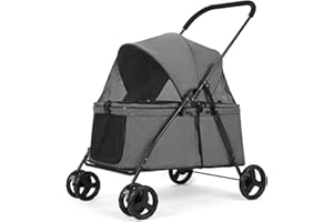 CAMPSOR Cat Stroller 4 Wheels Dog Cat Stroller, with Cup Holder, Outdoor Travel Pet Folding Stroller, Dog Cat Cage Stroller Breathable and Visible Mesh for Medium Small Dog Wheelchair (Dark Gray)