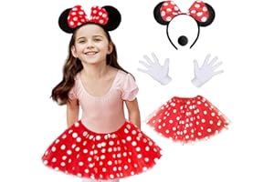 Ansamy Damen Maus Mouse Kostüm, rote Tutu mit weiß Gepunktet, Haarreifen mit schwarz Ohren und rote Schleife, Cosply Kostüm Accessoire für Halloween Motto Party