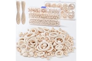 RUBY 416 Stück Holzperlen Makramee Set Holzringe zum Basteln Holzkugeln mit Loch Kit Enthält 372 Holzperlen Natur,42 Holzringe Makramee Zubehör für DIY Schmuck Herstellung