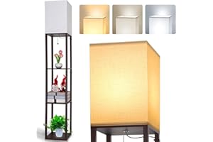 AIMOSEN LED Lampadaire en bois, Marron Lampadaire avec Étagère, Lampadaire avec Ampoule 3 Températures de Couleur, Rétro Lampe de Chevet avec Abat Jour et Douille E27 pour Salon Bureau Couloir Coin Chambre