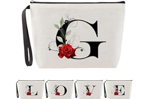 Blisswave Pochette Personalizzata dalla A alla Z, Regali per Donna, Mamme e Amica, Regali di Natale e Compleanno, Elegante e Carina Beauty Case da Viaggio con Iniziale Nome Motivo a Rosa (Beige)