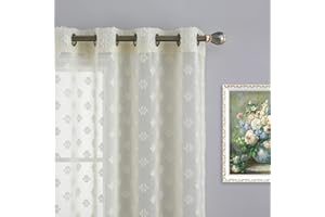 CAROMIO Sheer Panel Curtains Textured Window Curtains with Eyelets Voile Curtains Semi Transparent Window Drapes for Living Room Floral Poms, 132 * 229cm*2, Beige