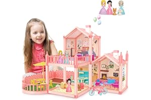 deAO Casa de Muñecas con 3 Princesas, Muebles y Accesorios, Villa Casa de Muñecas de Ensueño para Niñas, Pequeñas 4 Habitaciones, 1 Balcón, 1 Jardín, Regalo para Niñas de 2-8 Años (Naranja Brillante)