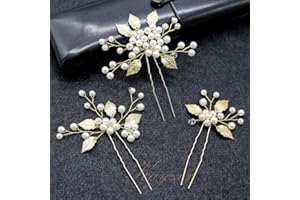 MEITREND Pearl Bride Wedding Hair Pins, Leaf Bridal Head Piece Flower Hair Accessories for Women and Girls, Gold Handmade (3 Pcs ), Copper,White,Gold