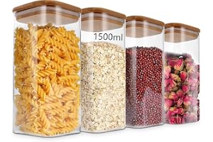 SKY-TOUCH Glass Food Storage Jars Containers set 1.5L,with Airtight Bamboo lids Set of 4,for Spices Noodles Flour Cereal Rice Sugar Tea Coffee Beans, Square (4 Pack, 1500ml)