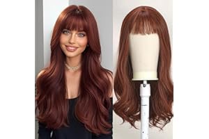 Esmee 24 cale długie falowane peruki dla kobiet Naturalne syntetyczne włosy Odporne na ciepło peruki z grzywką do codziennego użytku na imprezach (wino czerwone)
