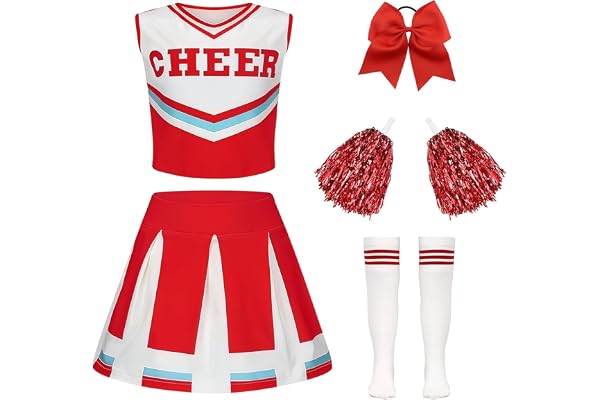 Luckyou Deguisement Pompom Costume De Cheerleader Déguisement Uniforme de Pom-pom avec Pompoms Chaussettes pour Halloween Mascarade Carnaval