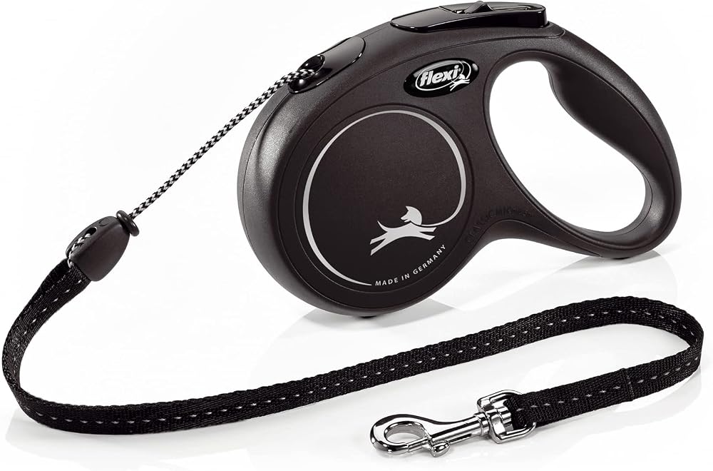 Flexi New Classic MBeden Siyah 5MT İpli Tasma | Tek elle acil fren, durdur ve git düğmesi, ergonomik yumuşak sap, sağlam karabina, Almanya'da üretilmiştir