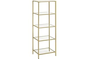 ‎VASAGLE VASAGLE Półka ze szkła z 5 poziomami, regał na książki, półka do przechowywania, szkło hartowane, łatwy montaż, do łazienki, salonu, sypialni, biura, złoty LGT029A01