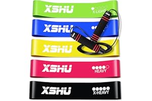 XSHU Resistance Bands Set for Men & Women – 5 Elastic Latex Bands for Glute, Leg & Home Workouts, Gym & Yoga Fitness – Includes Jump Rope, Carry Bag & Workout Guide