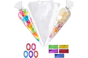 CAKKVDE 100Pcs Sweet Cone Bags with 5-Colour Twist Ties & Ribbons | 13x25cm Cellophane Sweet Bags for Candy, Cookies, Parties | Halloween, Christmas, Baby Shower, Wedding Favours
