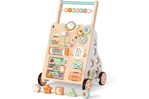 Trälöpare för småbarn 12 månader, Montessori-skjutvagn med aktivitetscentrum, pärllabyrint, formsorterare, xylofon och fiskespel, justerbar höjd och hastighet