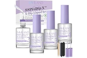Saviland Kit Liquide de Dip Powder SSProDip X™: Base et Finition/ Protège-Pinceau/ Outils à Ongles, Ensemble de Liquide de Poudre pour Trempage des Ongles pour Ongles French (15ml)