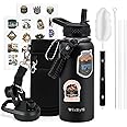 WixByti 32 oz Insulated Water Bottle with Straw (Cold for 48 Hrs), Stainless Steel Triple Wall Vacuum Sports Water Jug, Leakproof Hydro Cup Flask with Paracord Handle & Straw Spout Lids & DIY Stickers