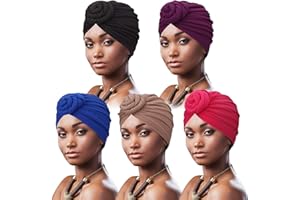 DRESHOW 5 Stücke Afrikanischen Turban für Damen Soft Vorgebunden Knot Mode Plissee Turban Hut Mütze Kopfwickel Schlafmütze