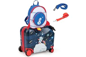 MonTravel Valigia Trolley Cavalcabile per Bambini con Asta Telescopica Poggiapiedi e Zainetto Omaggio Bagaglio a Mano Rigido 47x26,5x36,5 cm Set da Viaggio Bimbi Fantasia Spaceman
