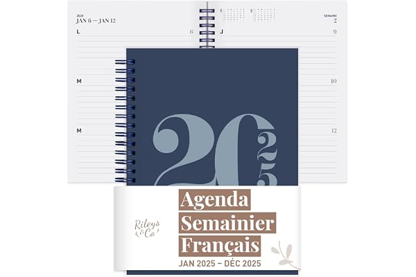 Rileys & Co Planificateur - Agenda Mensuel et Hebdomadaire, Couverture Flexible, Reliure à Double Spirale, Pages de Notes | Calendrier (Français, Allemand) (Bleu - Typographique, Français)