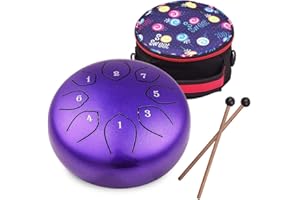 Musfunny Tambour à langue en acier pour enfants : instrument de percussion à main de 15,2 cm, 8 notes, avec sac de transport et livre de musique – Tambour musical pour l'éducation musicale, concert,