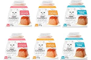 INFINITE EMBLEMS Gourmet Revelations Contains Wet Cat Food in Gravy Mousse with Salmon Mousse With Chicken & Mousse With Tuna (6 x 4 Pack 57g 24 sleeves in Total) Bundled With Make Your Own Kitty Play