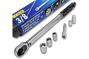 S&R Llave Dinamométrica 3/8 (19-110 Nm) Adaptadores 1/2 y 1/4. Juego Llave de Torsión con Tuercas (13,15,17 mm) y Extensión de 7,5 cm. Llave Ruedas Coche en Acero CR-V Ultra Resistente