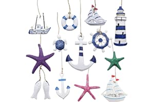 CATELL 13 Pieces Maritime Pendants Nautical Decoration Set for Hanging Anchor Starfish Lifebuoy Fish Lighthouse Steering Wheel for Mini Fishing Net Wall Decorations on the Beach Coastal Motif