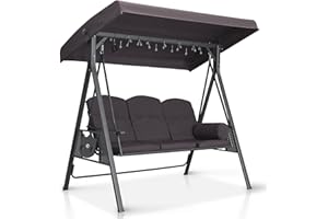 ‎PURPLE LEAF PURPLE LEAF Hollywoodschaukel 3 Sitzer Gartenschaukel Schaukelbank mit Verstellbares Sonnendach Sonnenbeständig Metall, Grau