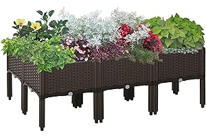 Outsunny podwyższona grządka 6-częściowa skrzynia na rośliny z otworami odpływowymi o wyglądzie rattanu kwietnik DIY kolor brązowy 40 x 40 x 44 cm