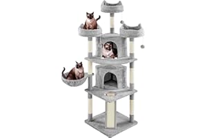Yaheetech Árbol Rascador para 3-5 Gatos Adultos de Altura 175 cm Grande Torre para Gatos Mascota con 3 Plaraformas Gris Claro