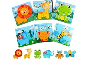 Drewniane puzzle, ZEEREE 6 elementów Drewniane zabawki do nauki zwierząt Zabawki Montessori Prezenty dla chłopców Dziewczynki 1 2 3 lata