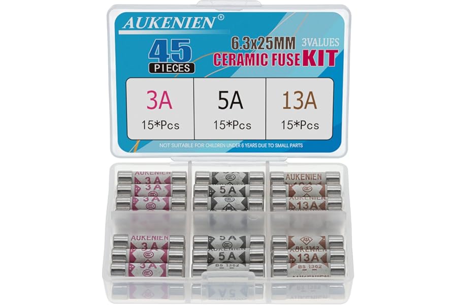 AUKENIEN Fuses Mixed Household UK 3 Values 45pcs 3A 5A 13A Fuse 3 5 13 Amp 6.3 x 25MM 0.248x0.984 Inch 240V 240 Volt BS1362 Ceramic Fuses Assortment Kit for Mains Plug
