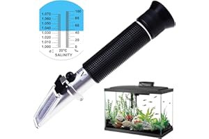 TEKCOPLUS Ottica salinità 0-10% Rifrattometro con ATC, Doppia Scala (1,0-1,070 Densità / 0-100ppt) per Salt acqua di mare carro armato, settore nautico, con luce LED e pipette