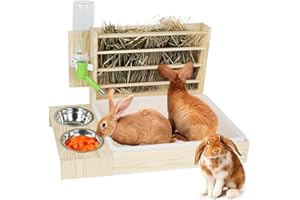 KMQRDZI Comedero de heno grande multifuncional con inodoro, comedero de madera para conejos, comedero de heno, completo con bebedero y comedero, apto para conejos, cobayas, hámsters, animales pequeños (4 en