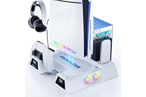 GAMROMBO PS5 Slim Digital/Disc Stand and Cooling Station with Controller Charging Station for PlayStation 5, 3-Level Fan, 9 Game Slot, 1 Charging Ports, Headset Holder, for PS5 Slim Digital/Disc Only